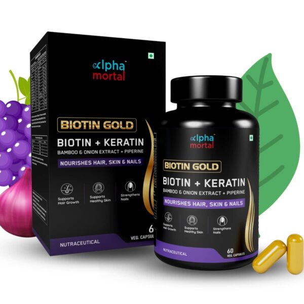 Alpha Mortal Biotin supplement for Hair Growth | With Biotin, Vitamin E, C, A & Zinc | Fights Brittle Nails, Nourished Scalp & Glowing Skin | Keratin & Bamboo extract for Dandruff | 60