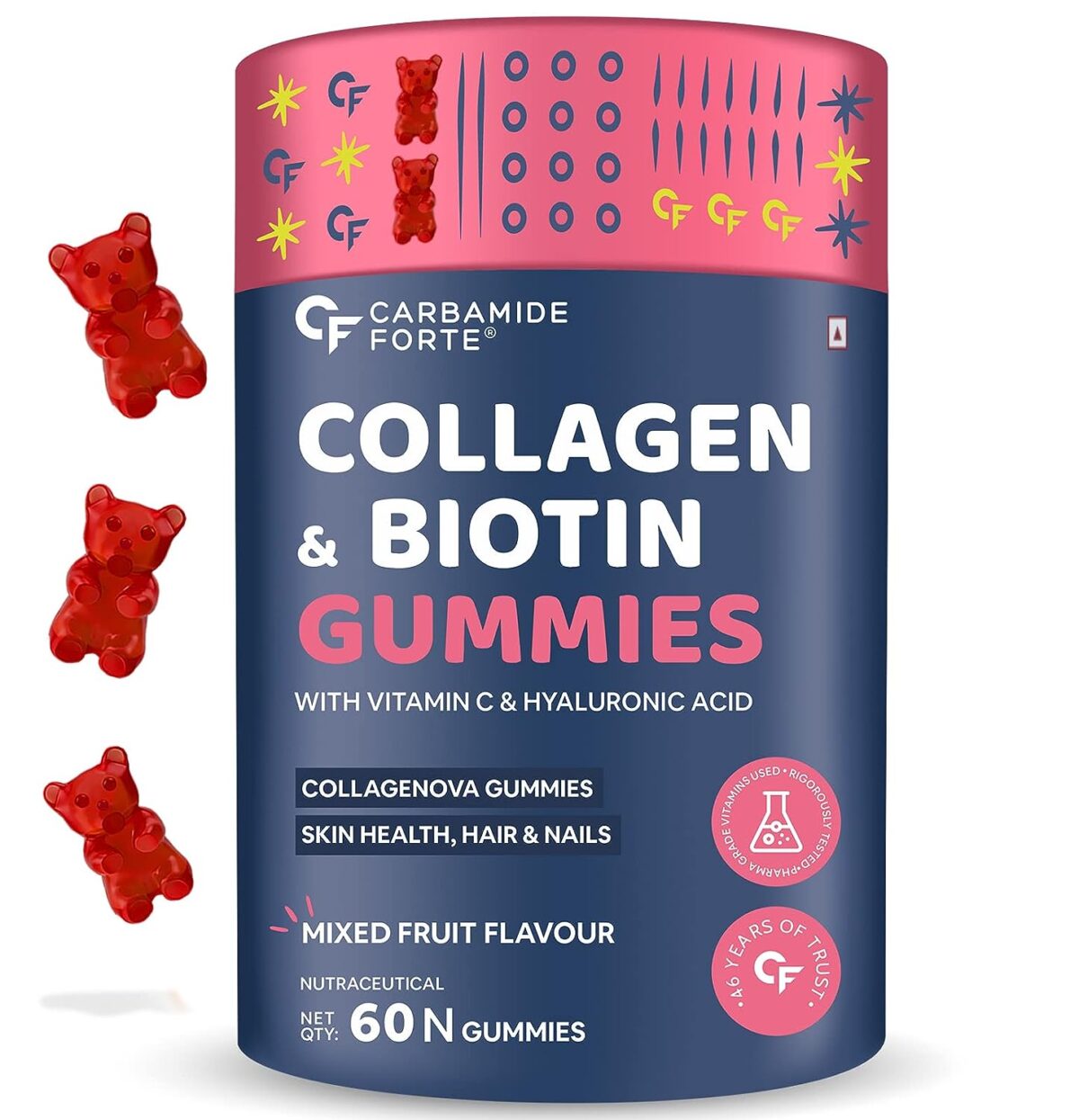 Carbamide Forte Collagen & Biotin Gummies| Collagen Supplements for Women & Men for Skin & Hair - Mixed Fruit Flavour - 60 Gummies - Image 1