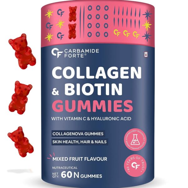 Carbamide Forte Collagen & Biotin Gummies| Collagen Supplements for Women & Men for Skin & Hair - Mixed Fruit Flavour - 60 Gummies