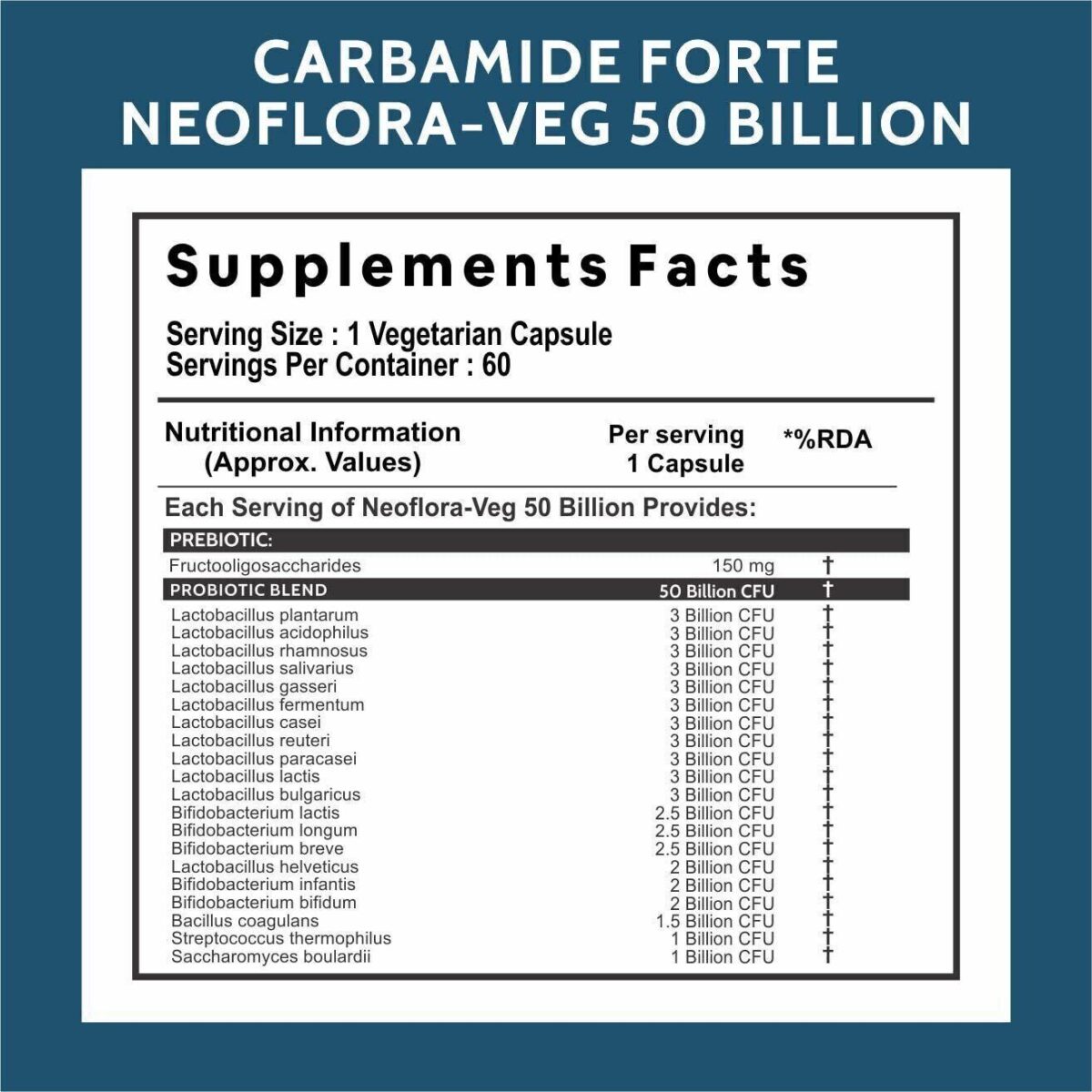 Carbamide Forte Probiotics Supplement 50 Billion for Women & Men–60 Veg Capsules - Image 2