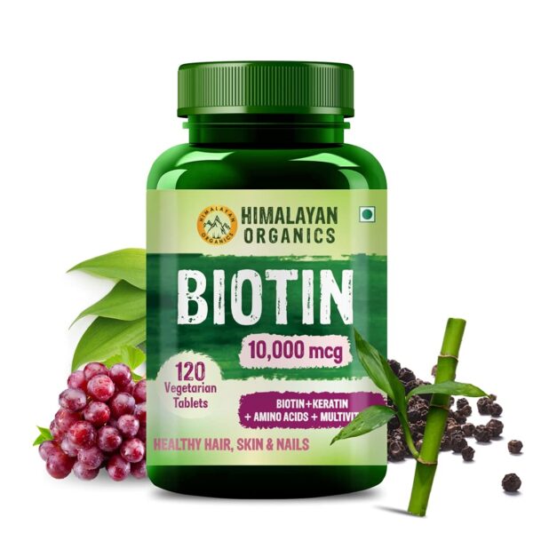 HIMALAYAN ORGANICS Biotin 10000 MCG Supplement For Men And Women With Keratin+Amino Acids+Multivitamin For Healthy Hair, Skin & Nails -120 Vegetarian Tablets