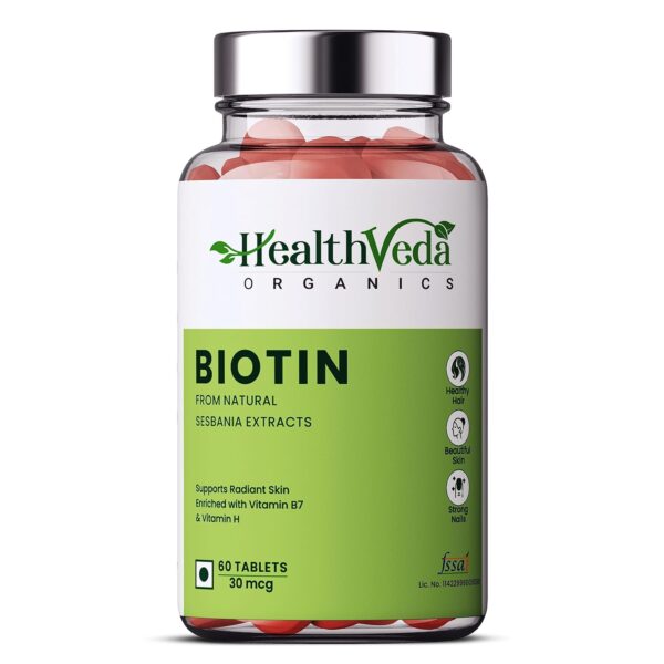 Health Veda Organics Biotin enriched with Vitamin B7 & Vitamin H | 60 Veg Tablets | Supports Healthy Hair, Skin & Nails