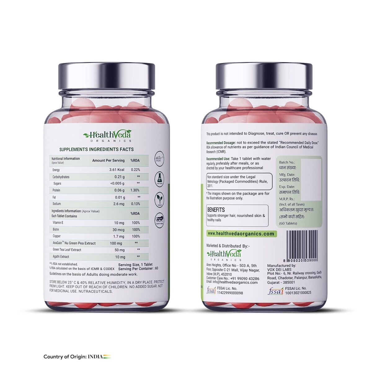 Health Veda Organics Biotin enriched with Vitamin B7 & Vitamin H | 60 Veg Tablets | Supports Healthy Hair, Skin & Nails - Image 2