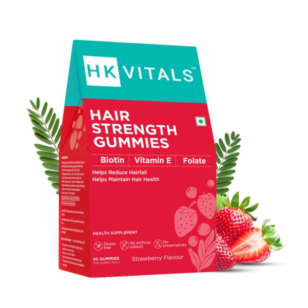HealthKart HK Vitals Hair Strength Biotin Gummies, Biotin from Sesbania Extract, with Zinc, Vitamin C, A, and E, Vegan, Gluten Free, for Healthier Skin, Hair, and Nails, Strawberry, 30 Biotin Gummies