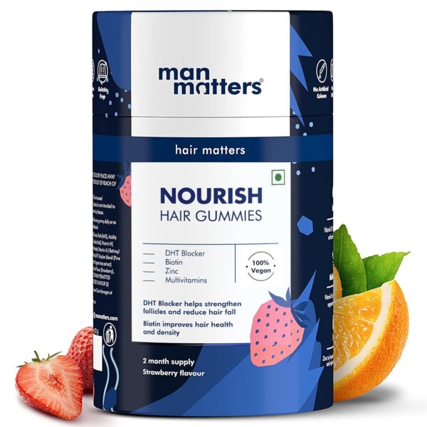 Man Matters Biotin Hair Gummies | 60 Days Pack | With Biotin, Vitamin A, C, E, Zinc & DHT Blocker | Added Sugar | Keeps Hair Healthy & Strong | Strawberry Flavored |100% Vegetarian | 60 Gummies