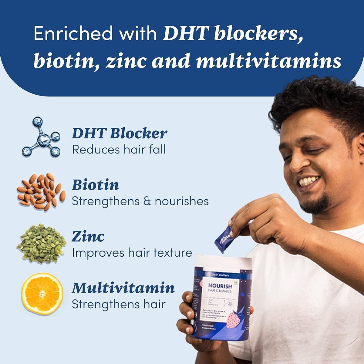 Man Matters Biotin Hair Gummies 60 Days Pack With Biotin, Vitamin A, C, E, Zinc & DHT Blocker Added Sugar Keeps Hair Healthy & Strong Strawberry Flavored100% Vegetarian 60 Gummies .3 Man Matters Biotin Hair Gummies | 60 Days Pack | With Biotin, Vitamin A, C, E, Zinc & DHT Blocker | Added Sugar | Keeps Hair Healthy & Strong | Strawberry Flavored |100% Vegetarian | 60 Gummies - Image 3