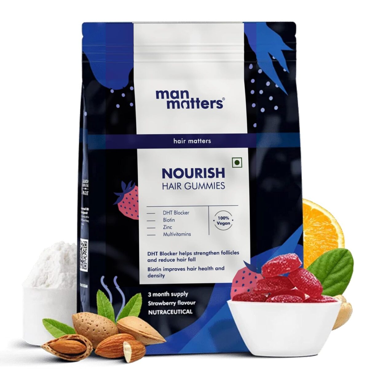 Man Matters DHT Blocker Biotin Gummies for Hair & Beard | 90 Day Pack | Effectively Blocks DHT | With Biotin Vitamin A, C, E & Zinc | For Healthy & Strong Hair | Strawberry Flavored |100% Vegetarian - Image 1
