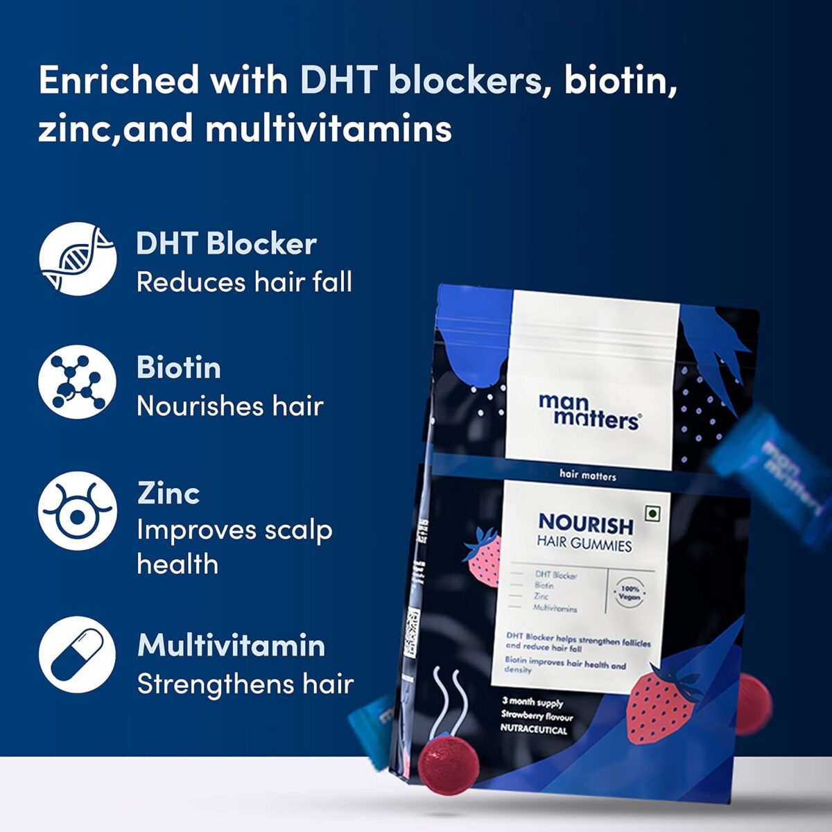 Man Matters DHT Blocker Biotin Gummies for Hair & Beard | 90 Day Pack | Effectively Blocks DHT | With Biotin Vitamin A, C, E & Zinc | For Healthy & Strong Hair | Strawberry Flavored |100% Vegetarian - Image 3