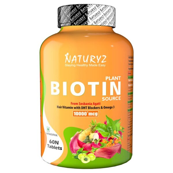 NATURYZ 100% Plant Based Biotin Tablets with High Protein Vitamin DHT Omega 3 for Strong Hairs, Nails Growth & Glowing Skin - 60 Tablets