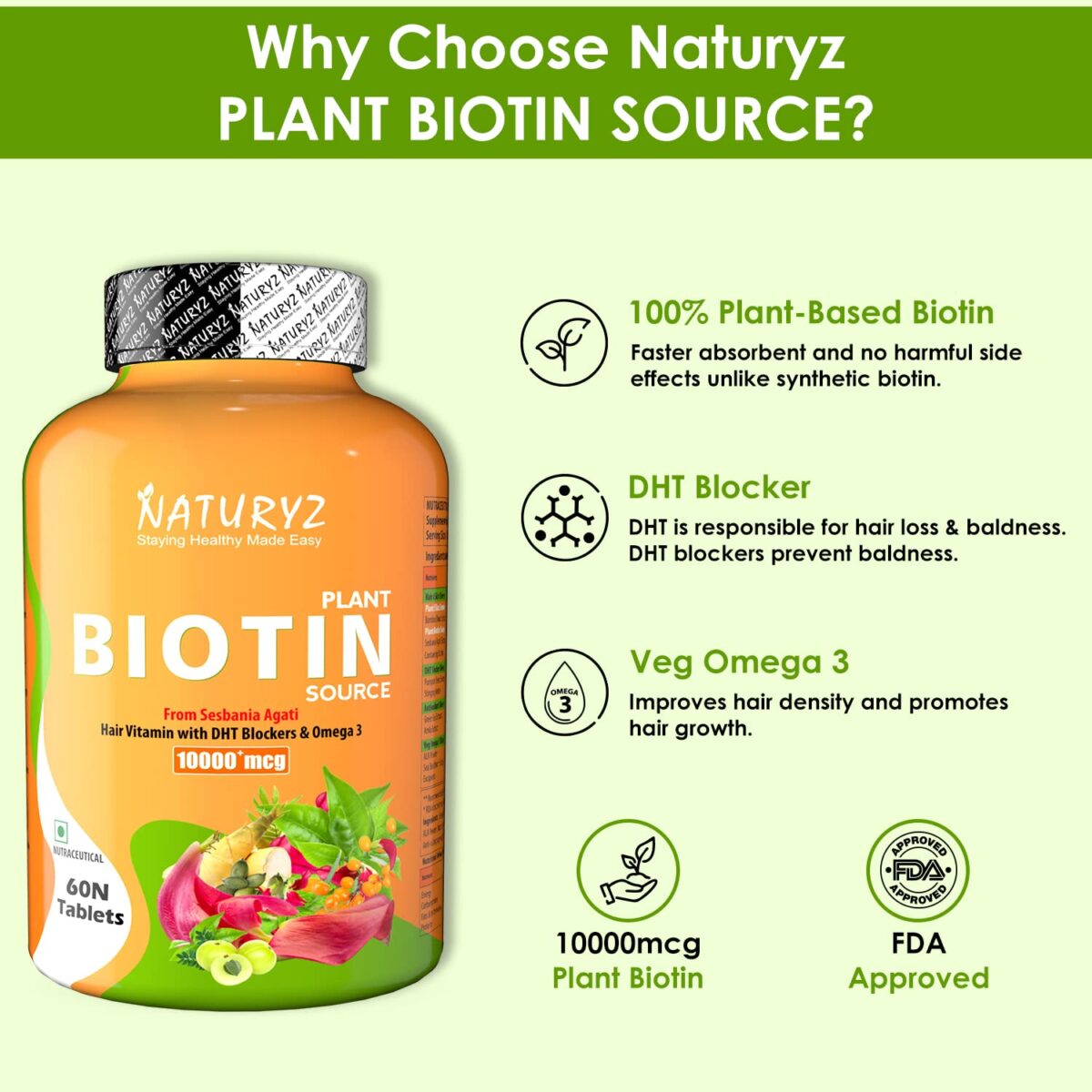 NATURYZ 100% Plant Based Biotin Tablets with High Protein Vitamin DHT Omega 3 for Strong Hairs, Nails Growth & Glowing Skin - 60 Tablets 3 NATURYZ 100% Plant Based Biotin Tablets with High Protein Vitamin DHT Omega 3 for Strong Hairs, Nails Growth & Glowing Skin - 60 Tablets - Image 3