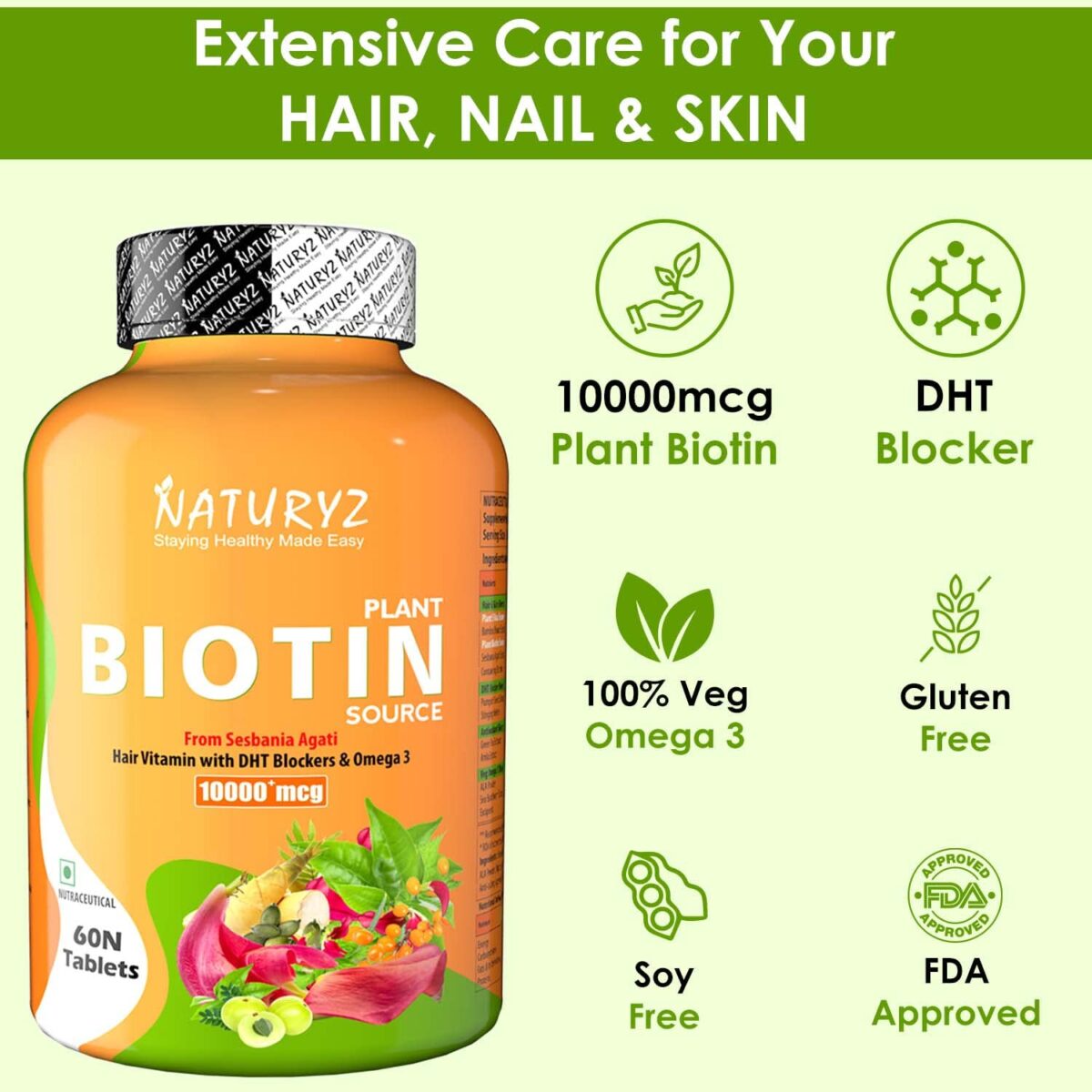 NATURYZ 100% Plant Based Biotin Tablets with High Protein Vitamin DHT Omega 3 for Strong Hairs, Nails Growth & Glowing Skin - 60 Tablets 4 NATURYZ 100% Plant Based Biotin Tablets with High Protein Vitamin DHT Omega 3 for Strong Hairs, Nails Growth & Glowing Skin - 60 Tablets - Image 4