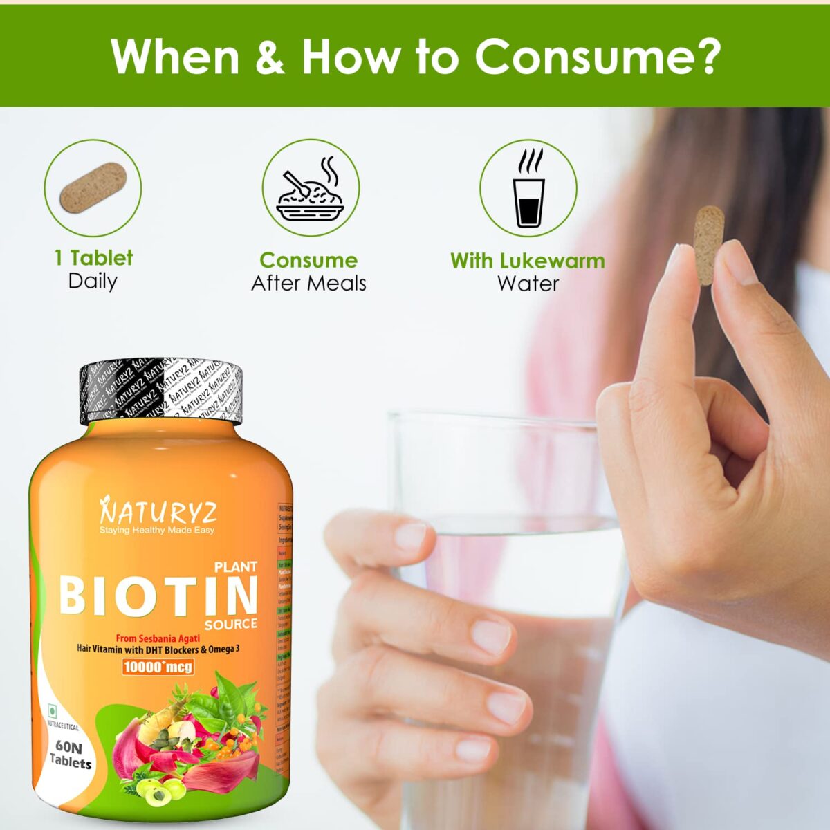 NATURYZ 100% Plant Based Biotin Tablets with High Protein Vitamin DHT Omega 3 for Strong Hairs, Nails Growth & Glowing Skin - 60 Tablets 6 NATURYZ 100% Plant Based Biotin Tablets with High Protein Vitamin DHT Omega 3 for Strong Hairs, Nails Growth & Glowing Skin - 60 Tablets - Image 6