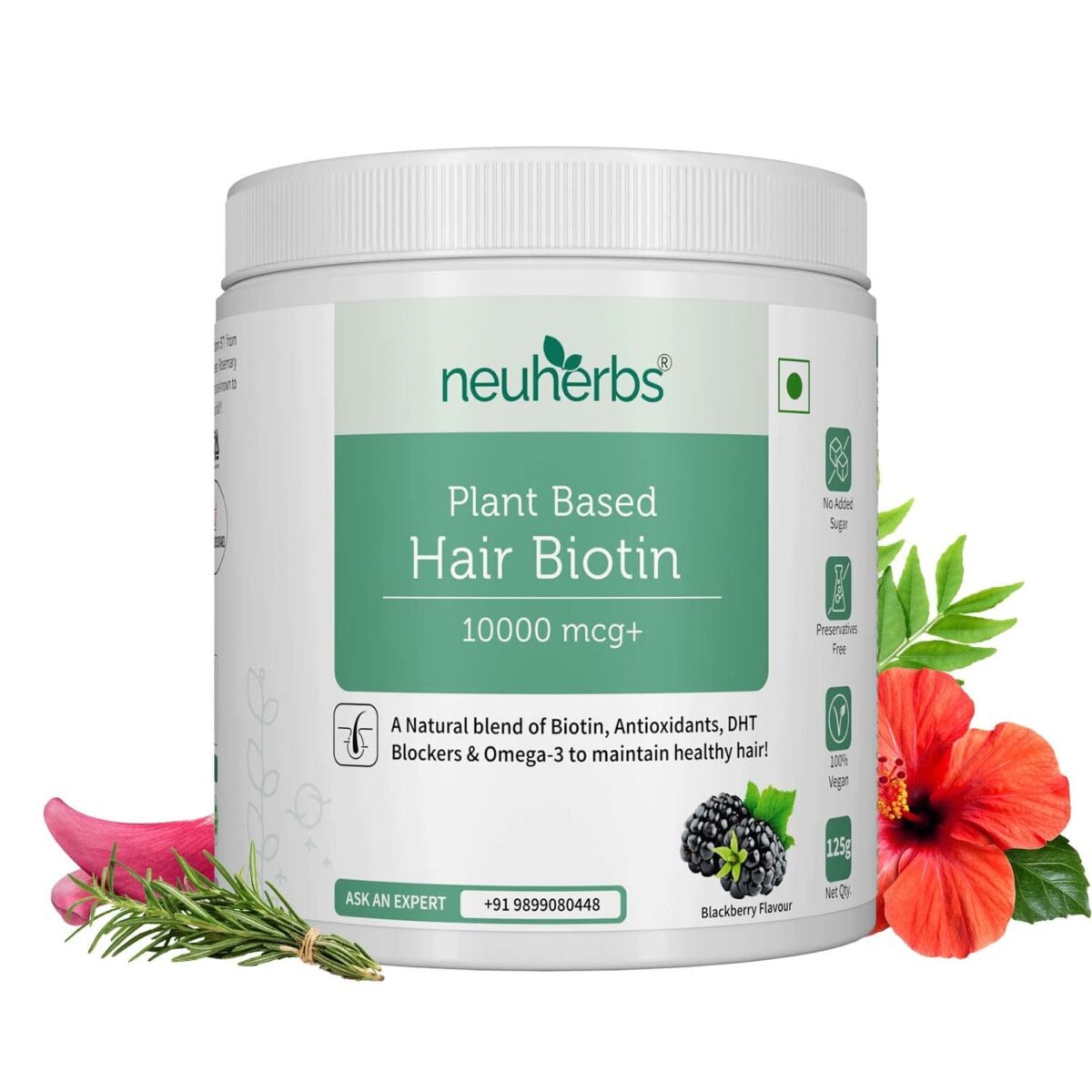 Neuherbs Plant Based Hair Biotin 10000mcg Supplement with DHT-Blocker & Omega-3 | Sesbania, Hibiscus, Rosemary extract, and black pepper | For Hair Growth , Hair Fall Control - 125 g ( Powder ) | Blackberry Flavoured / Great Taste - Image 1