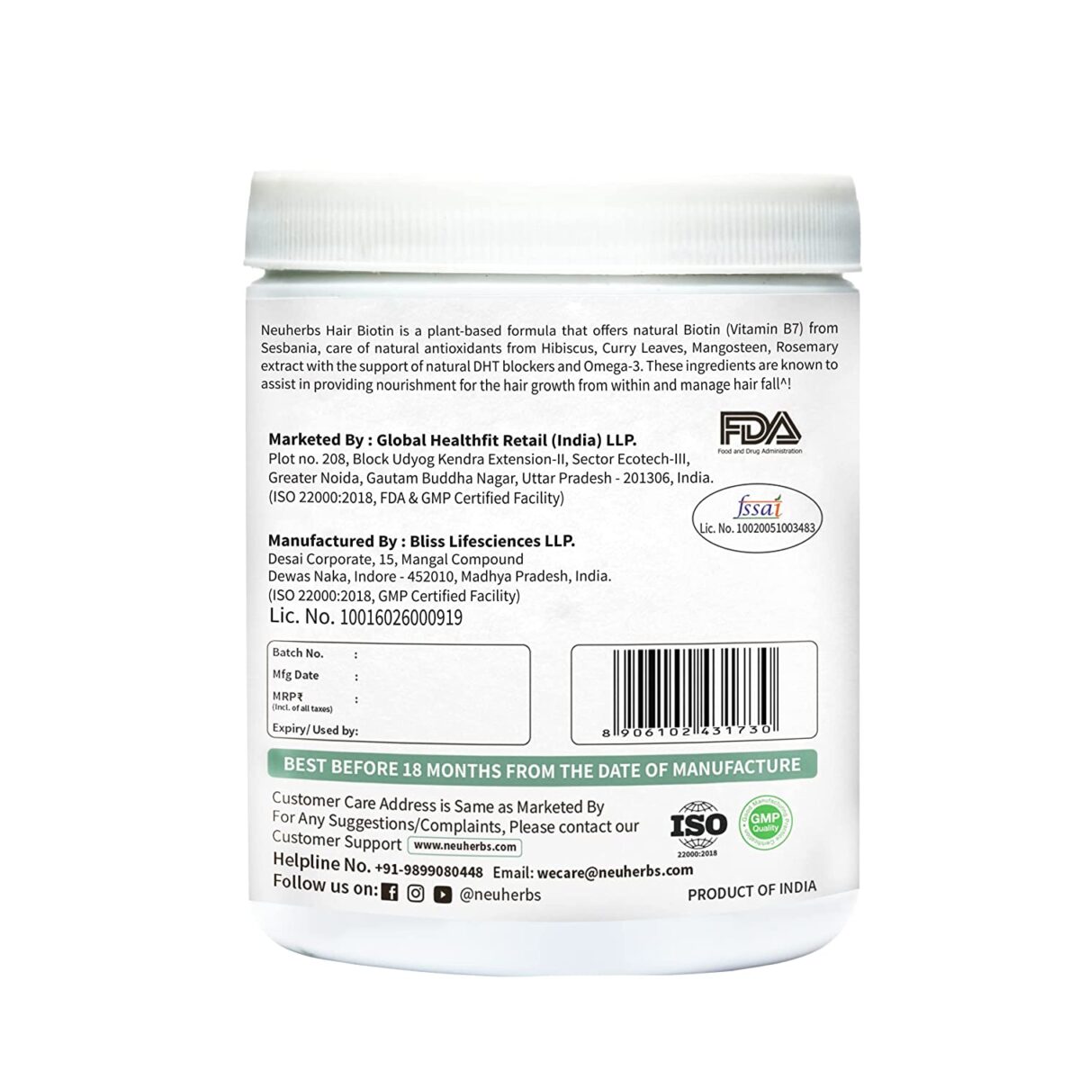 Neuherbs Plant Based Hair Biotin 10000mcg Supplement with DHT-Blocker & Omega-3 | Sesbania, Hibiscus, Rosemary extract, and black pepper | For Hair Growth , Hair Fall Control - 125 g ( Powder ) | Blackberry Flavoured / Great Taste - Image 3