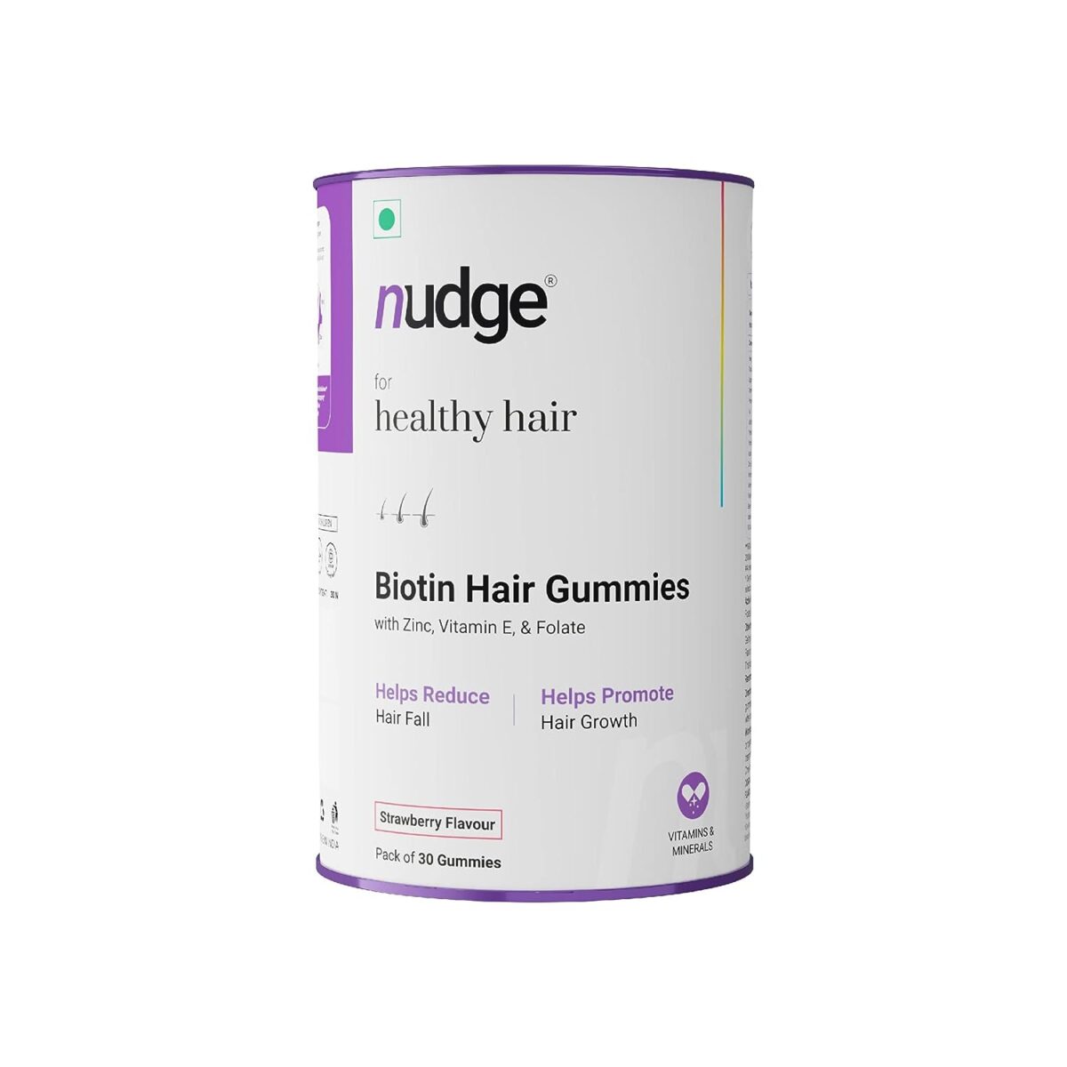 Nudge Biotin Hair Gummies For Hair Growth with Zinc, Vitamin E & Folate | 30 Gummies | Get Thicker, Stronger & Shinier Hair | Gluten Free, Dairy Free, Non-GMO, No Preservatives | Strawberry Flavored - Image 1