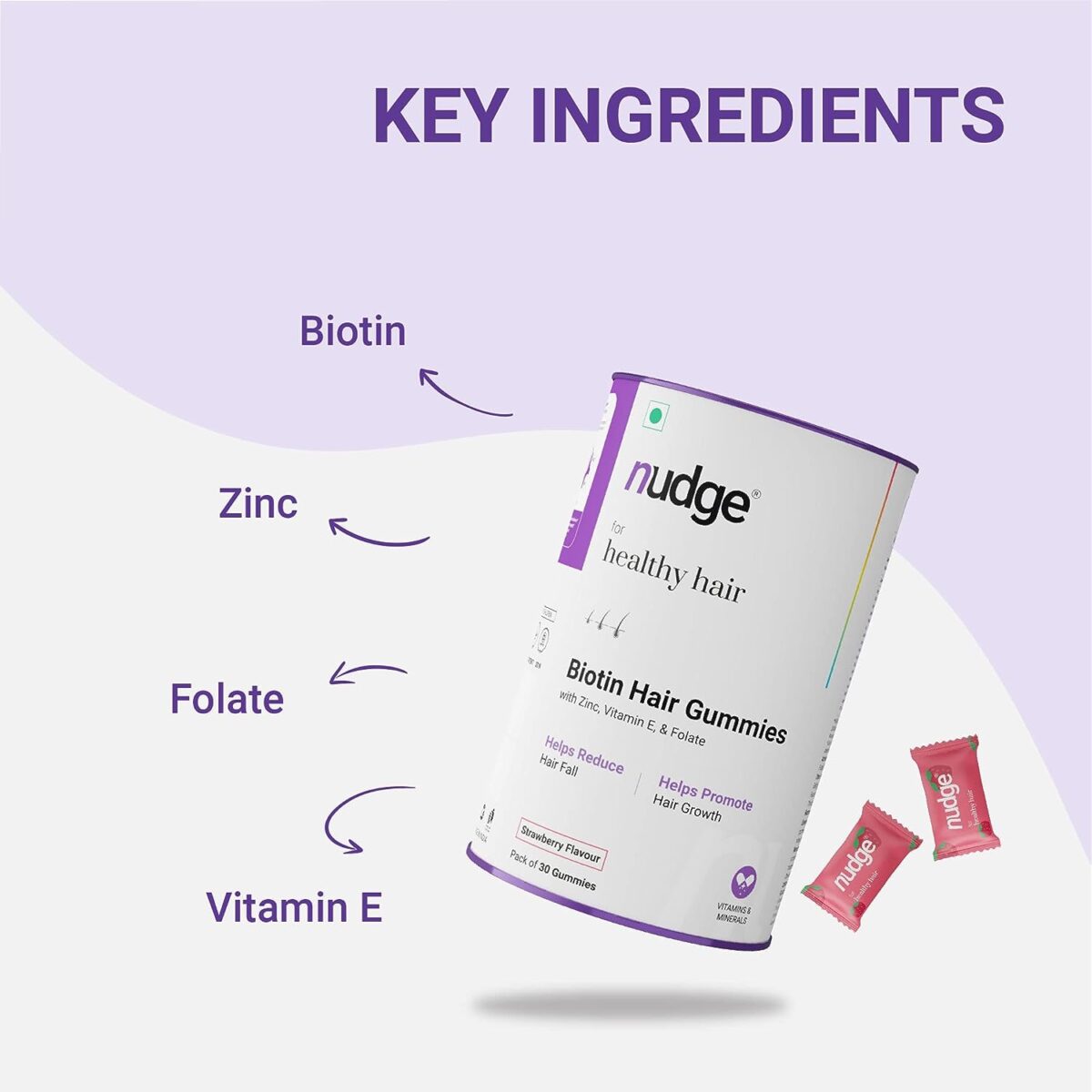 Nudge Biotin Hair Gummies For Hair Growth with Zinc, Vitamin E & Folate | 30 Gummies | Get Thicker, Stronger & Shinier Hair | Gluten Free, Dairy Free, Non-GMO, No Preservatives | Strawberry Flavored - Image 2