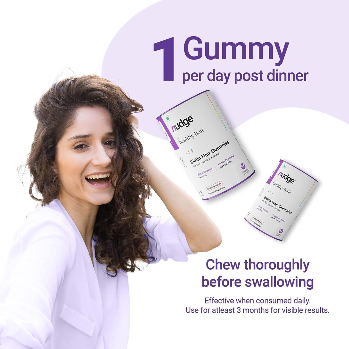 Nudge Biotin Hair Gummies For Hair Growth with Zinc, Vitamin E & Folate | 30 Gummies | Get Thicker, Stronger & Shinier Hair | Gluten Free, Dairy Free, Non-GMO, No Preservatives | Strawberry Flavored - Image 4