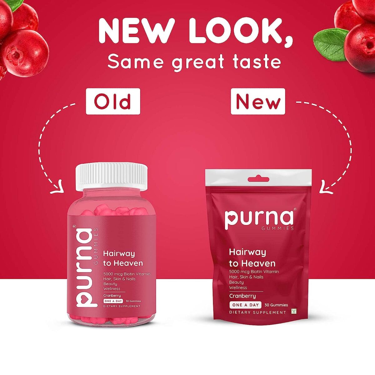 PURNA GUMMIES Biotin Gummies Strong Hair, Glowing Skin, Reduce Hair fall with Delicious Cranberry Flavoured Gummies 30 count - Image 2
