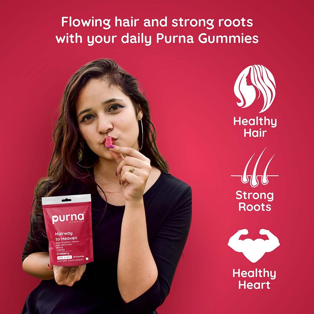PURNA GUMMIES Biotin Gummies Strong Hair, Glowing Skin, Reduce Hair fall with Delicious Cranberry Flavoured Gummies 30 count - Image 3