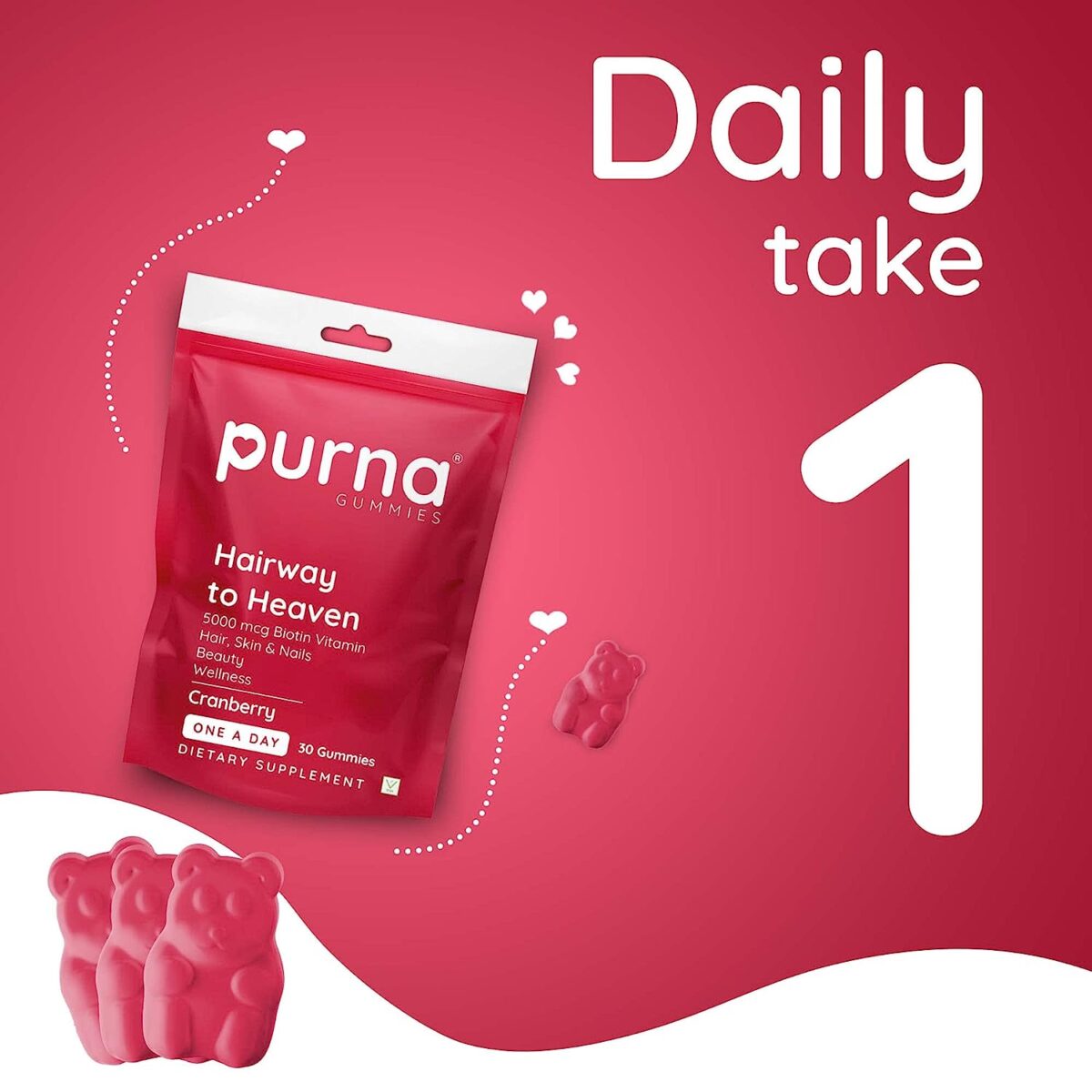 PURNA GUMMIES Biotin Gummies Strong Hair, Glowing Skin, Reduce Hair fall with Delicious Cranberry Flavoured Gummies 30 count - Image 5