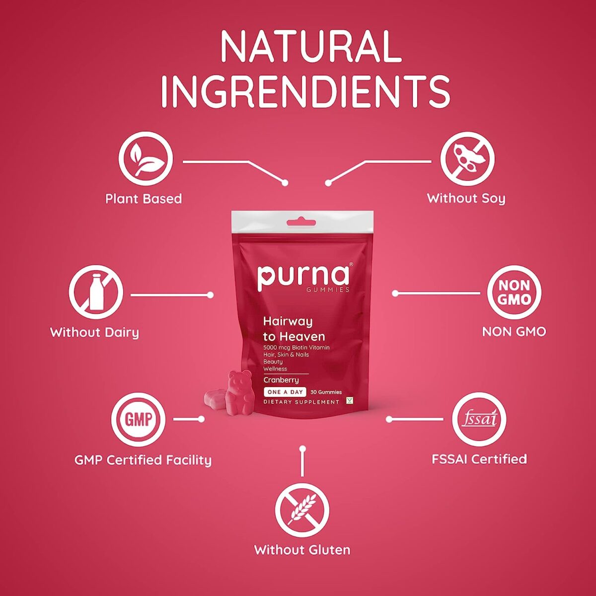 PURNA GUMMIES Biotin Gummies Strong Hair, Glowing Skin, Reduce Hair fall with Delicious Cranberry Flavoured Gummies 30 count - Image 6