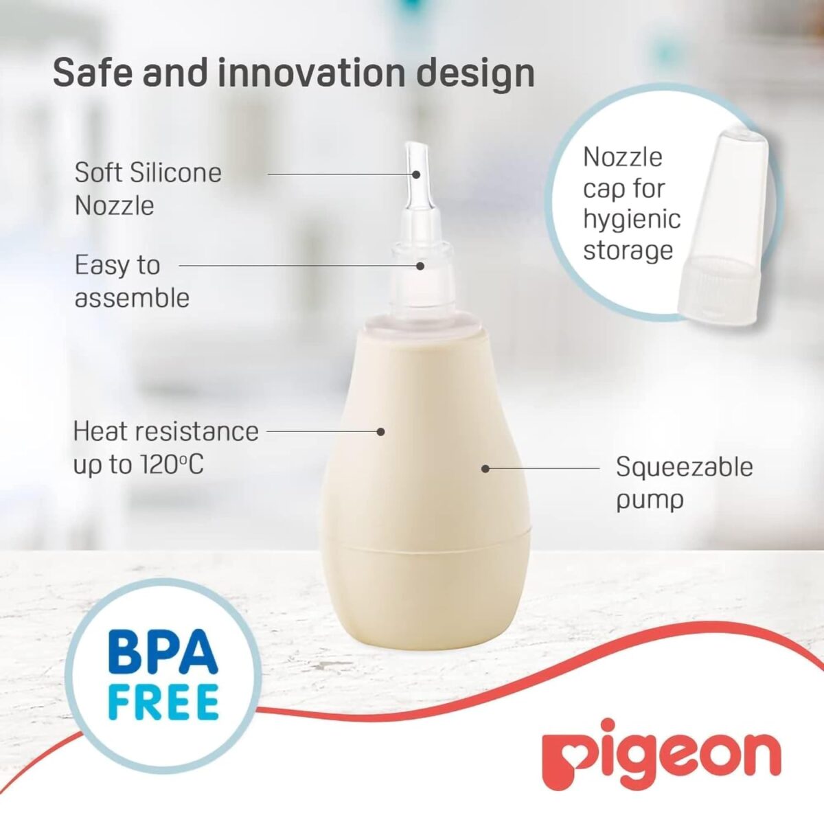 Pigeon Nose cleaner Aspirador Nasal,For 0+ Month Babies,BPA Free,Soft Silicone Nozzle,Squeezable Pump,Soft Safety Nozzle, White and Cream - Image 7
