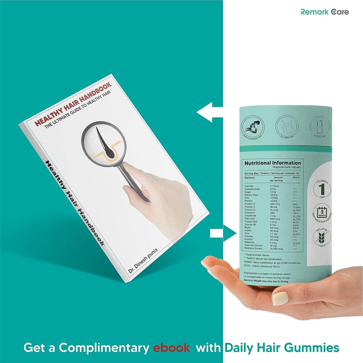 Remark Care Biotin Gummies for Hair Growth | Stronger Hair and Nails | 60 Day Pack | 100% high potency Biotin B7 | Vitamin A to E, Zinc, Folic Acid | Hair Care Nutrition Supplement for Women and Men - Image 5