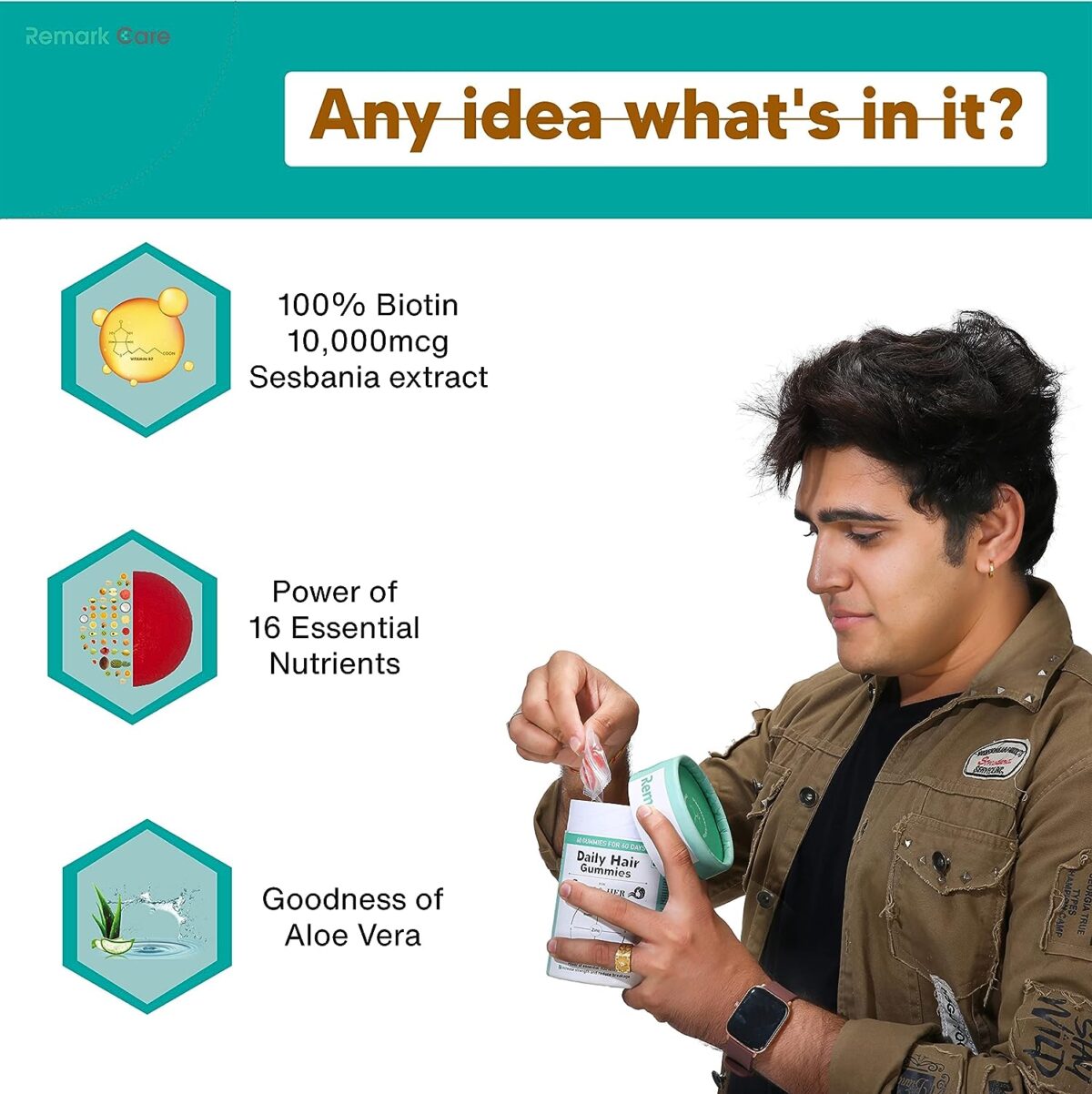 Remark Care Biotin Gummies for Hair Growth | Stronger Hair and Nails | 60 Day Pack | 100% high potency Biotin B7 | Vitamin A to E, Zinc, Folic Acid | Hair Care Nutrition Supplement for Women and Men - Image 4