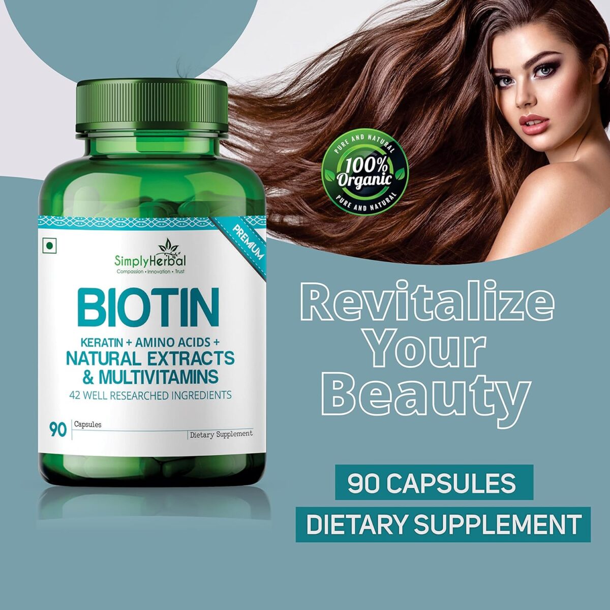 Simply Herbal Natural Biotin Supplement 4 Simply Herbal Natural Biotin Supplement for Hair Growth, Vitamin B7 Capsules with Keratin + Multivitamin + Amino Acid, Strong Hair & Glowing Skin, Fights Nail Brittleness, For Men & Women - 90 Capsules - Image 5