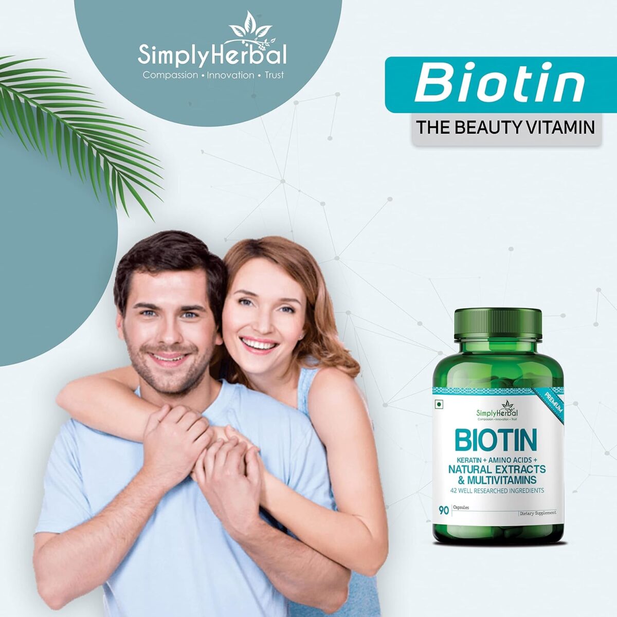 Simply Herbal Natural Biotin Supplement 7 Simply Herbal Natural Biotin Supplement for Hair Growth, Vitamin B7 Capsules with Keratin + Multivitamin + Amino Acid, Strong Hair & Glowing Skin, Fights Nail Brittleness, For Men & Women - 90 Capsules - Image 8