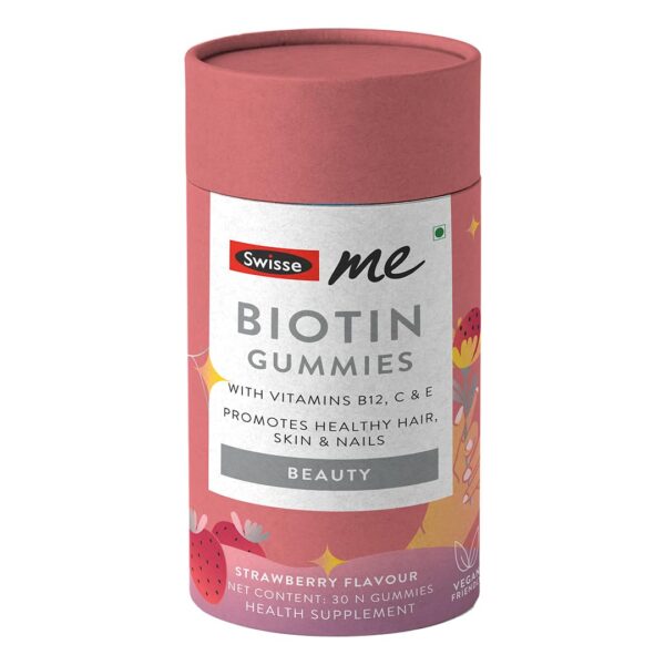 SwisseMe Biotin Gummies (100% Vegan, 30 Day Pack) Reduces Hair Fall & Promotes Regrowth, Supports Healthy Skin & Stronger Nails with Vitamin B12, C & E For Both Men & Women - Strawberry Flavour