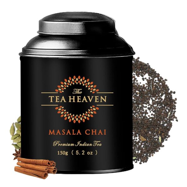 The Tea Heaven | Tea Gift - Masala Chai Whole Leaf Tea 150 Grams 50 Cups | Ginger Cardamom Cinnamon Cloves Star Anise Black Pepper | Double Lid Moisture Proof Container (150 Grams, Black Moisture Proof Container)