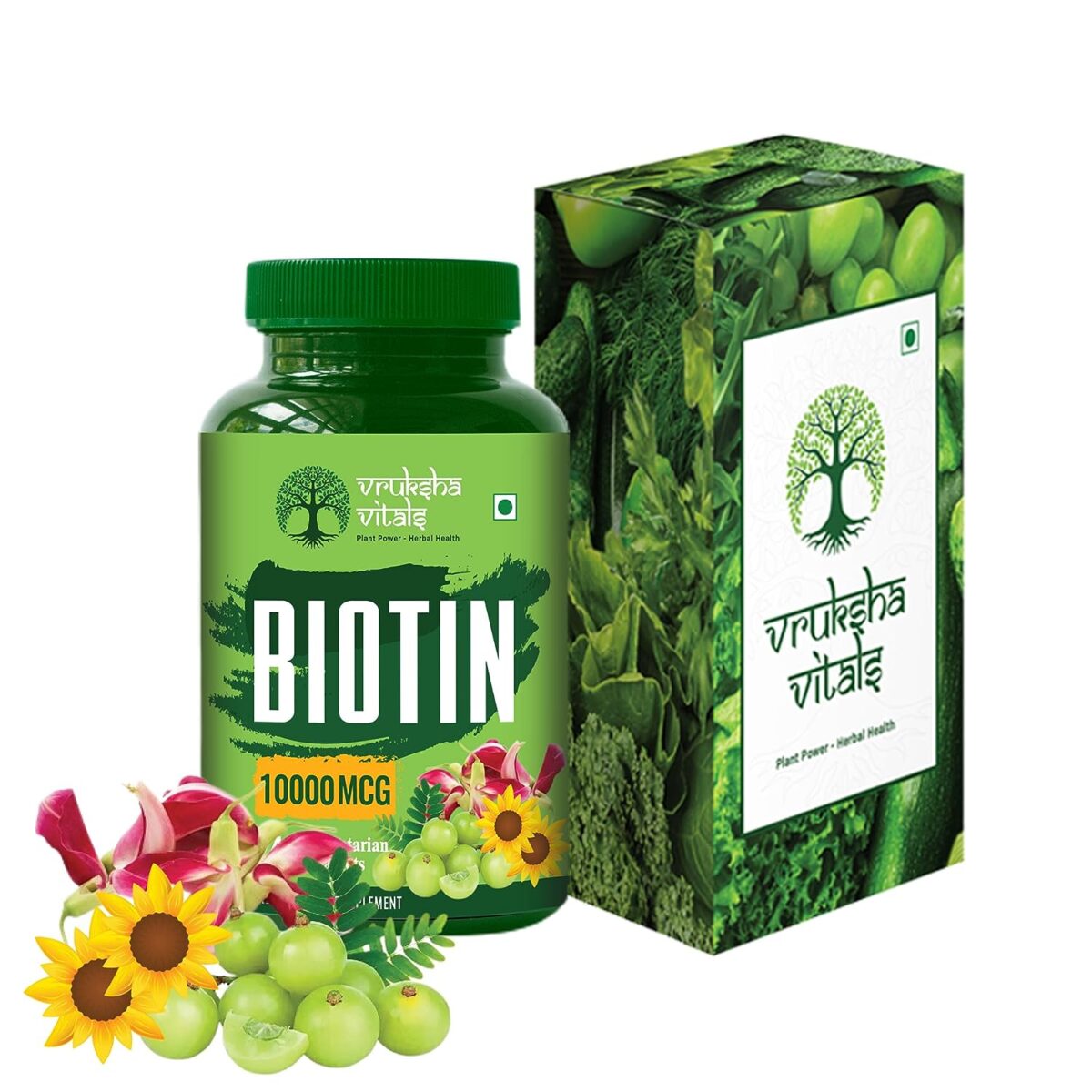Vruksha Vitals Biotin 10000 mcg per tablet (from Sesbania Grandiflora) tablets - Biotin 10000mcg for Hair Growth, Nails and Skin 1 Vruksha Vitals Biotin 10000 mcg per tablet (from Sesbania Grandiflora) tablets - Biotin 10000mcg for Hair Growth, Nails and Skin - Image 1