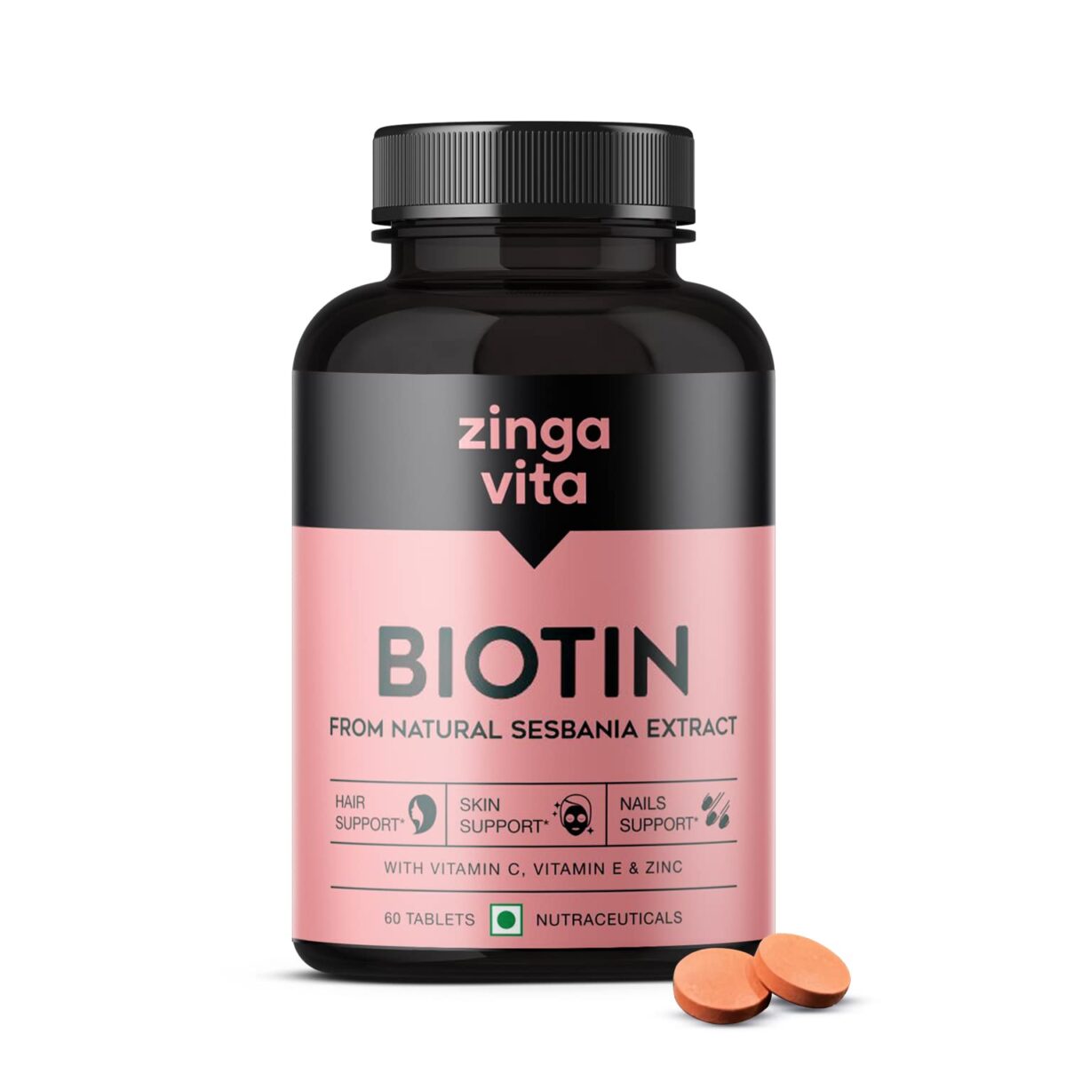 Zingavita Advanced Biotin Tablets | Boosts Keratin Production, Reduce Hair Fall and Promote Hair Growth with Natural Sesbania Agati Leaf Extract & Hair Vitamins (Biotin, Vitamin C, Vitamin E & Zinc) for Healthy Hair, Skin & Nails For Both Men & Women (60 Tablets) - Image 1