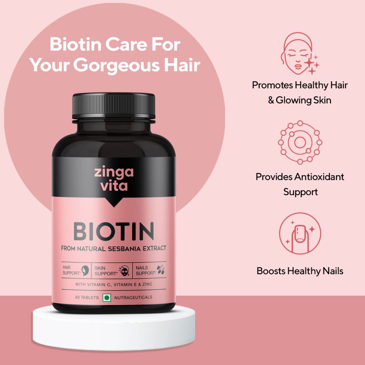 Zingavita Advanced Biotin Tablets | Boosts Keratin Production, Reduce Hair Fall and Promote Hair Growth with Natural Sesbania Agati Leaf Extract & Hair Vitamins (Biotin, Vitamin C, Vitamin E & Zinc) for Healthy Hair, Skin & Nails For Both Men & Women (60 Tablets) - Image 3