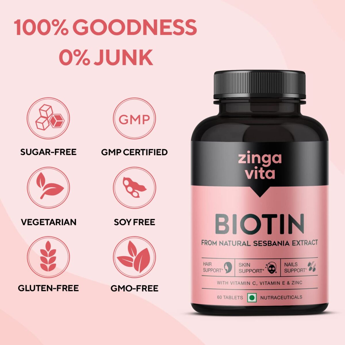 Zingavita Advanced Biotin Tablets | Boosts Keratin Production, Reduce Hair Fall and Promote Hair Growth with Natural Sesbania Agati Leaf Extract & Hair Vitamins (Biotin, Vitamin C, Vitamin E & Zinc) for Healthy Hair, Skin & Nails For Both Men & Women (60 Tablets) - Image 6