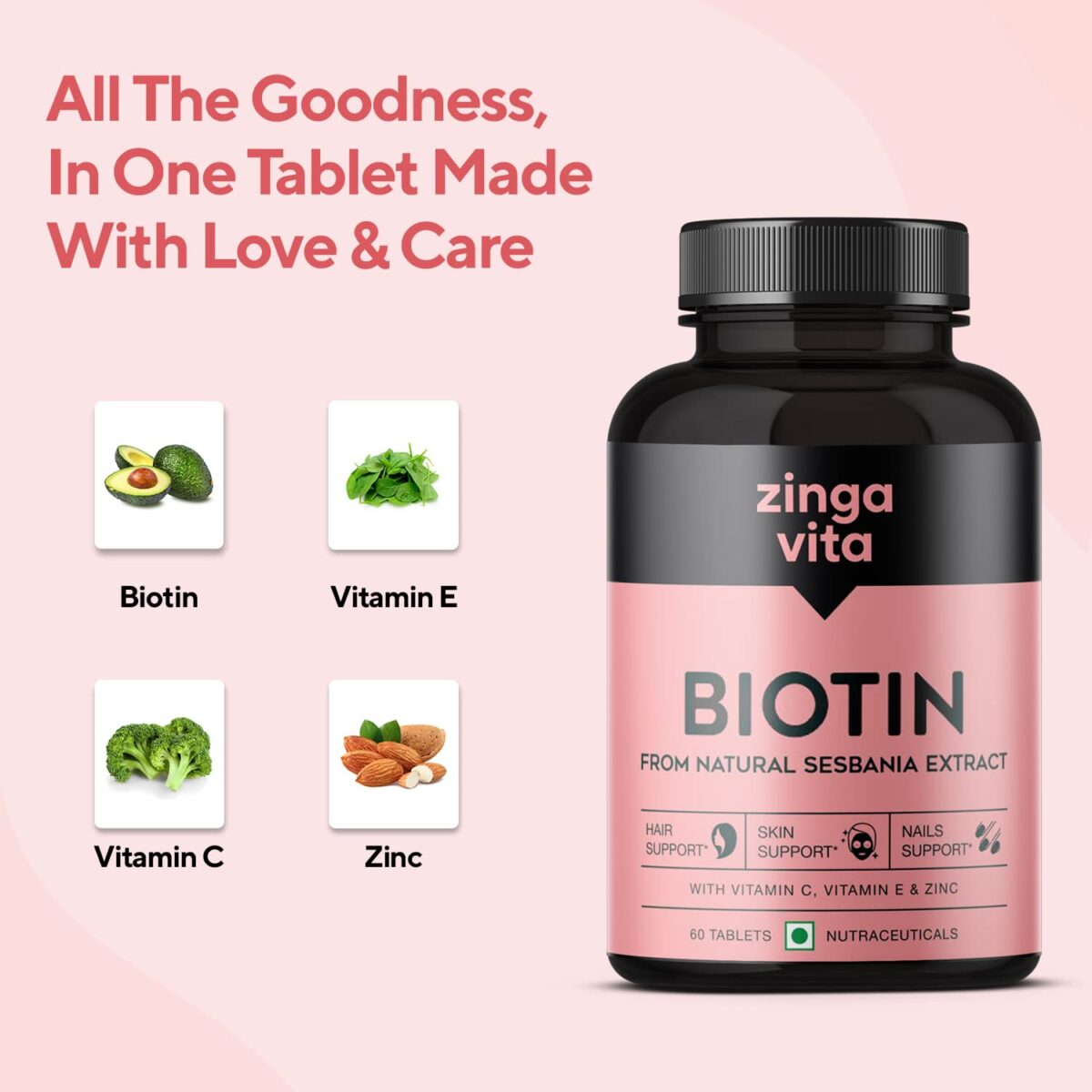 Zingavita Advanced Biotin Tablets | Boosts Keratin Production, Reduce Hair Fall and Promote Hair Growth with Natural Sesbania Agati Leaf Extract & Hair Vitamins (Biotin, Vitamin C, Vitamin E & Zinc) for Healthy Hair, Skin & Nails For Both Men & Women (60 Tablets) - Image 7