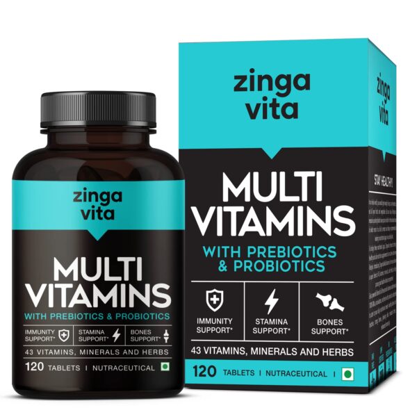 Zingavita Multivitamin Tablets with Probiotics & Prebiotics (120 Count)|With 43 Vitamins & Minerals|Supplement with Vitamin B12, C, D, E, Zinc & Biotin |Vegetarian Multivitamin Tablet for Men & Women