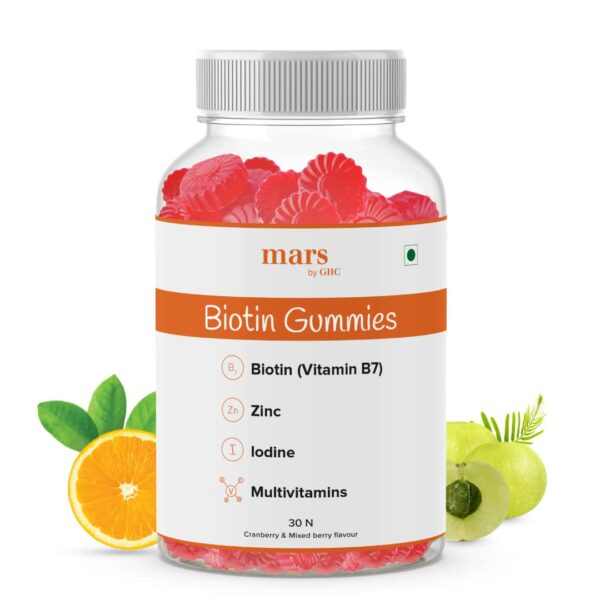 mars by GHC Biotin Hair Gummies - 30 Gummies | 30 Days Pack | Enriched with Biotin Vitamin A, C, E & Zinc | Added Sugar | Keeps Hair Healthy & Strong | Cranberry Flavored |100% Vegetarian