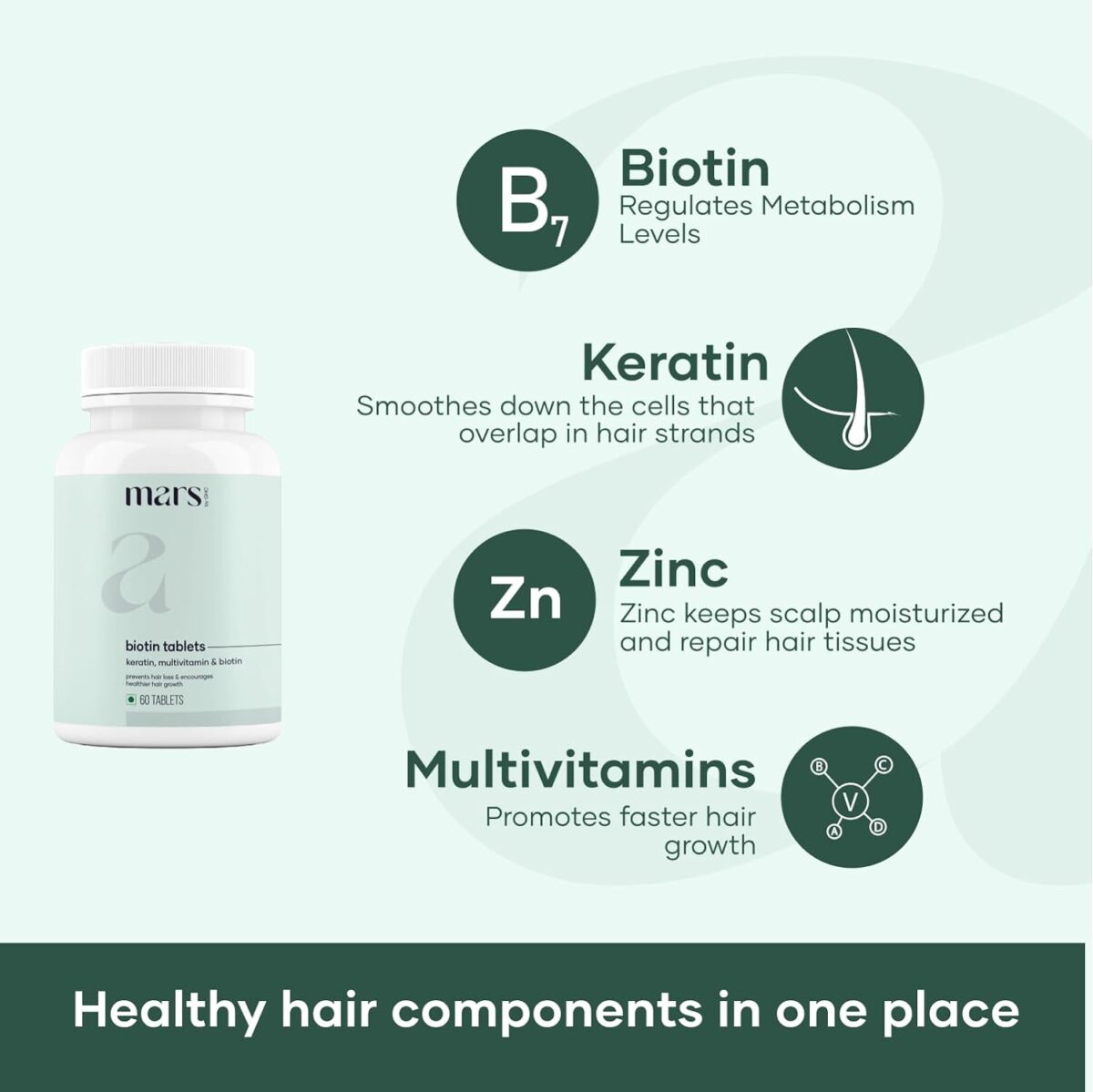 "mars by GHC Hair Biotin - 100% Vegan, 60 Tablets (Pack of 1) | Promotes Healthy & Strong Hair Growth, Powered With Keratin, Amino Acids, Grape Seed Extract & Other Natural Supplements " - Image 2