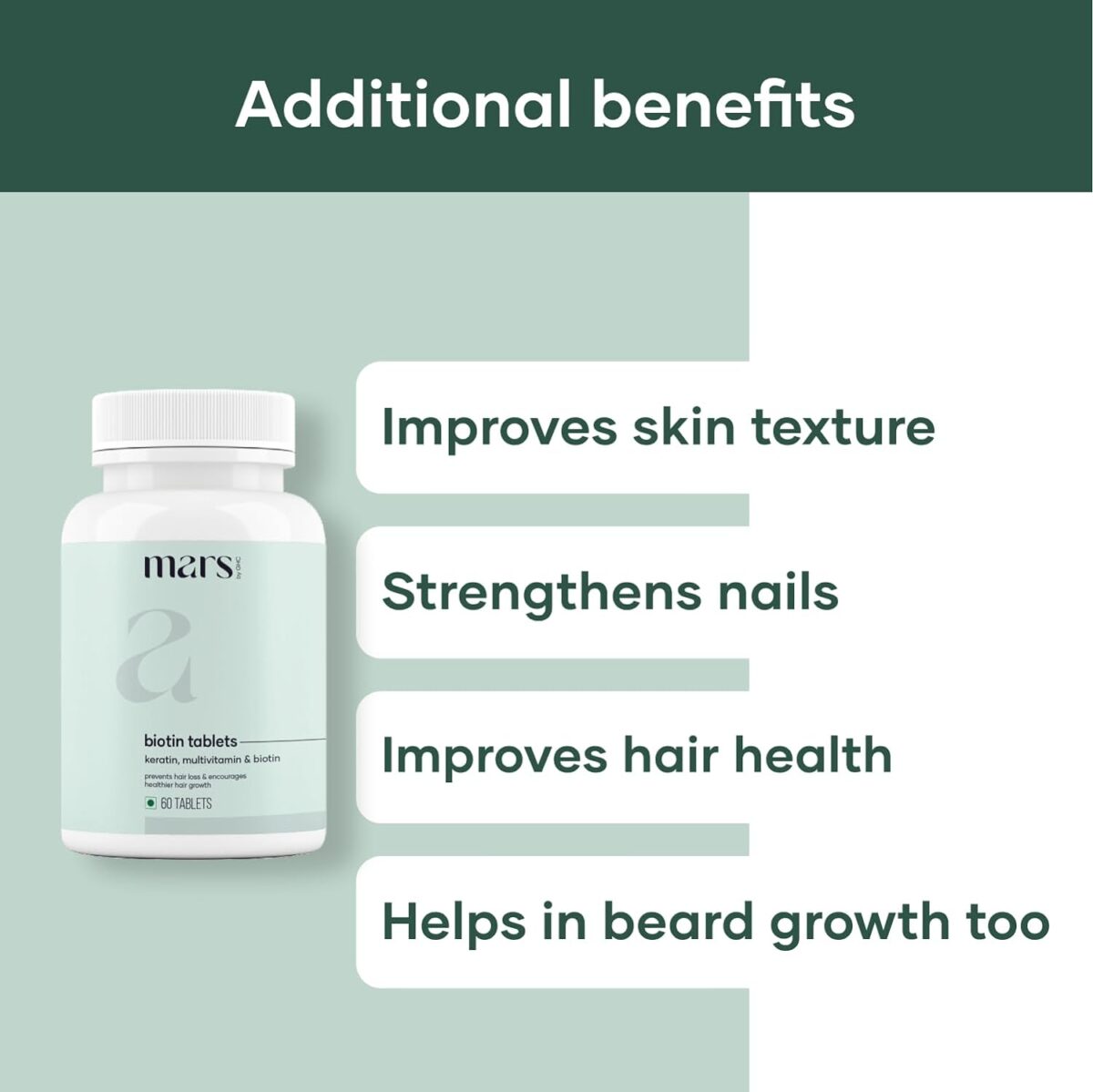 "mars by GHC Hair Biotin - 100% Vegan, 60 Tablets (Pack of 1) | Promotes Healthy & Strong Hair Growth, Powered With Keratin, Amino Acids, Grape Seed Extract & Other Natural Supplements " - Image 4