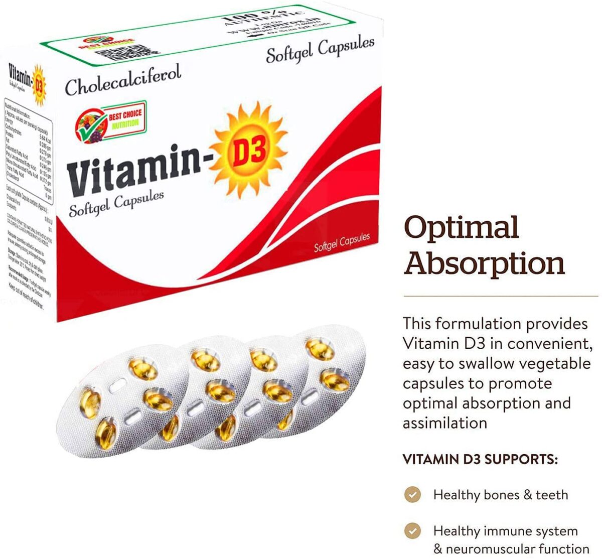 Best Choice Nutrition vitamin D3 (Vitamin D3-Cholecalciferol) One-A-Week For Strong Bones, Muscles, Immune System - Image 3