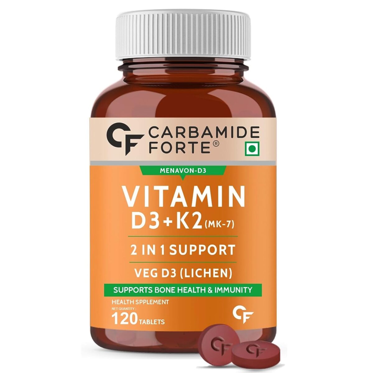 Carbamide Forte Vitamin D3 K2 MK7 | Plant Based Veg Vitamin D3 Supplement Lichen Source with Vitamin K2 MK7 Menaquinone - 120 Veg Tablets - Image 1