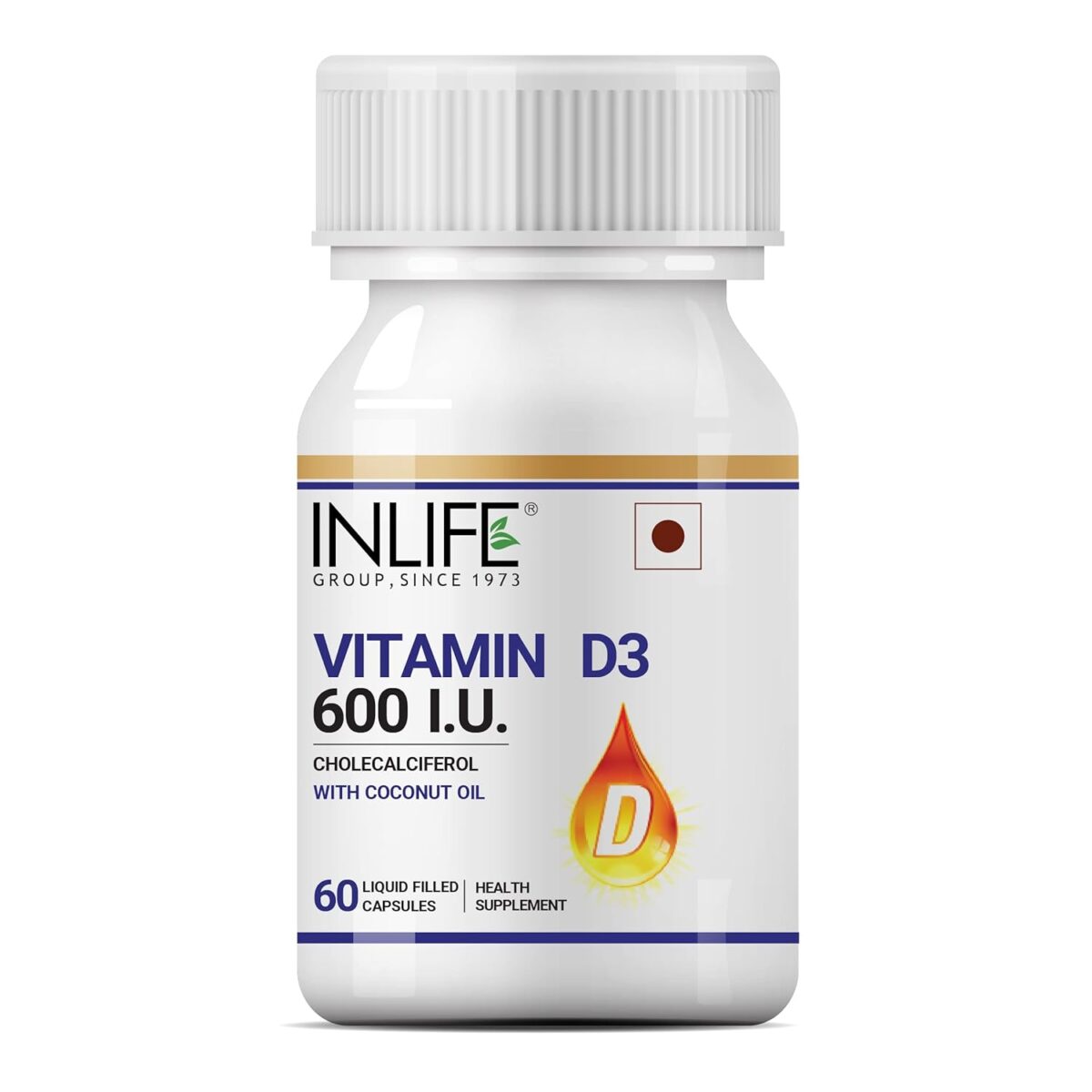 INLIFE Vitamin D3 600 IU Cholecalciferol Supplement with Coconut Oil for Better Absorption, For Men & Women, Immunity, Bone Health, Muscles - 60 Liquid Filled Capsules (Pack of 1, 60) - Image 1
