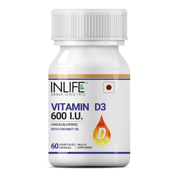 INLIFE Vitamin D3 600 IU Cholecalciferol Supplement with Coconut Oil for Better Absorption, For Men & Women, Immunity, Bone Health, Muscles - 60 Liquid Filled Capsules (Pack of 1, 60)