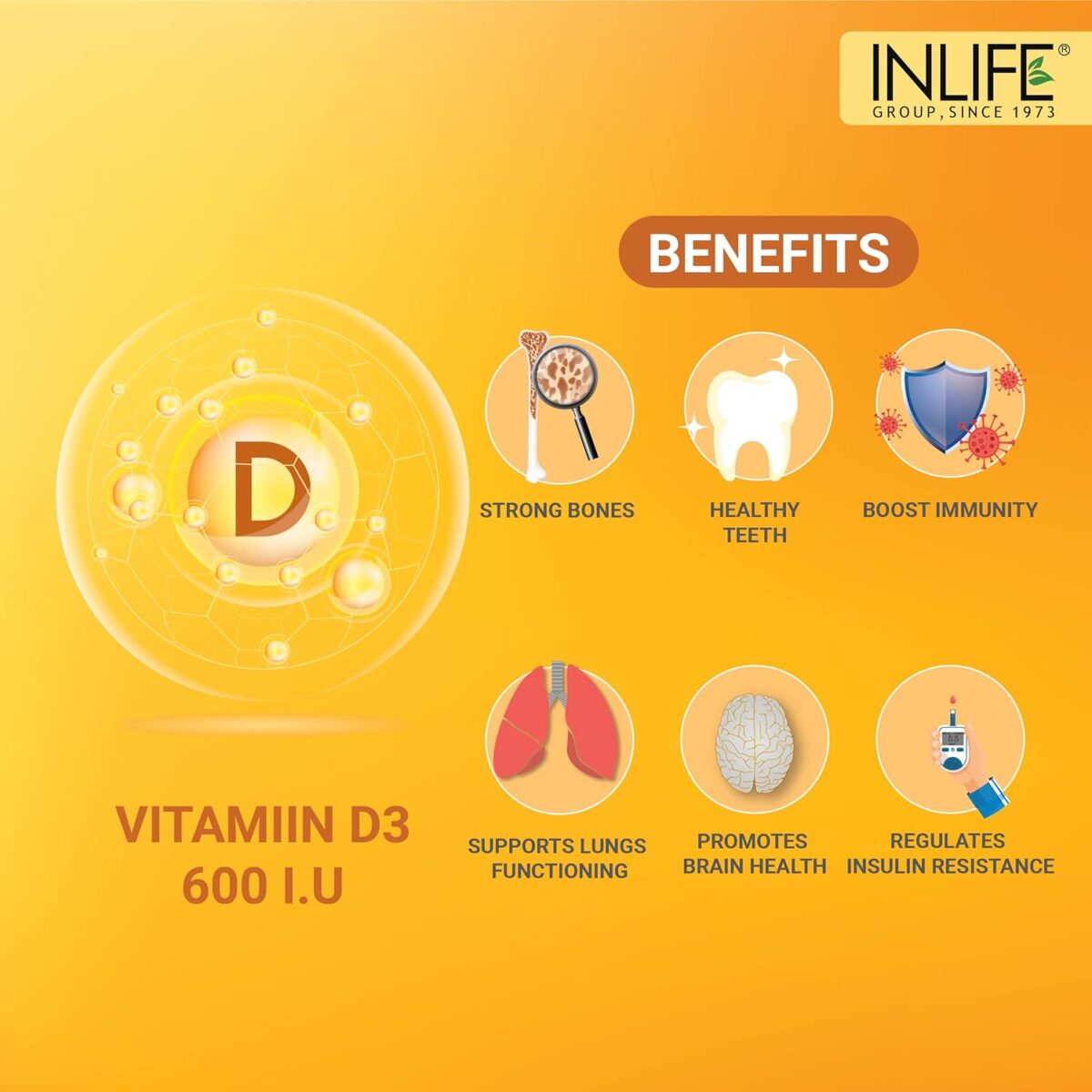 INLIFE Vitamin D3 600 IU Cholecalciferol Supplement with Coconut Oil for Better Absorption, For Men & Women, Immunity, Bone Health, Muscles - 60 Liquid Filled Capsules (Pack of 1, 60) - Image 4
