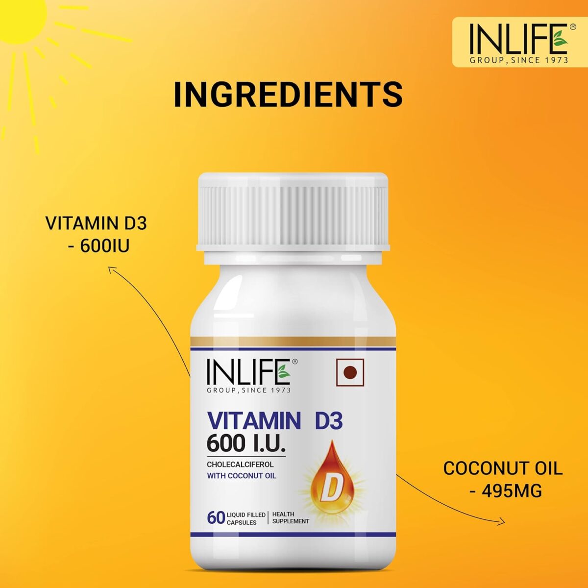 INLIFE Vitamin D3 600 IU Cholecalciferol Supplement with Coconut Oil for Better Absorption, For Men & Women, Immunity, Bone Health, Muscles - 60 Liquid Filled Capsules (Pack of 1, 60) - Image 5