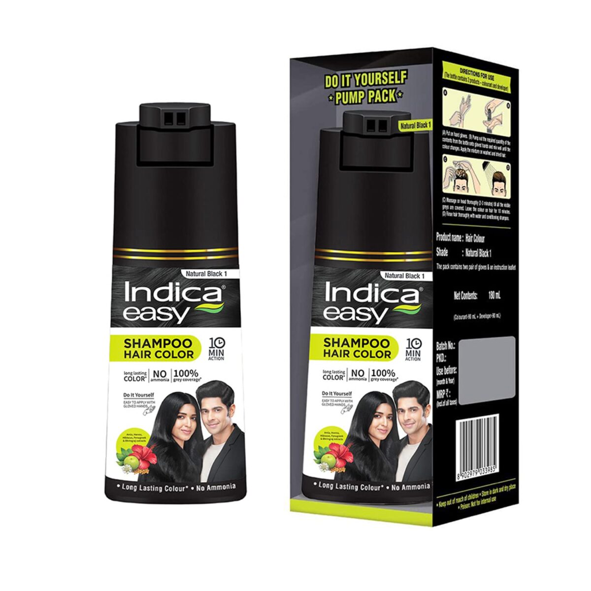 Indica Easy Do-It-Yourself Hair Color Shampoo Pump Pack with 5 Herbal Extracts and 100% Ammonia Free, Long Lasting Formula, 180 ML 1 Indica Easy Do-It-Yourself Hair Color Shampoo Pump Pack with 5 Herbal Extracts and 100% Ammonia Free, Long Lasting Formula, 180 ML - Natural Black Colour (Gloves Included) - Image 1