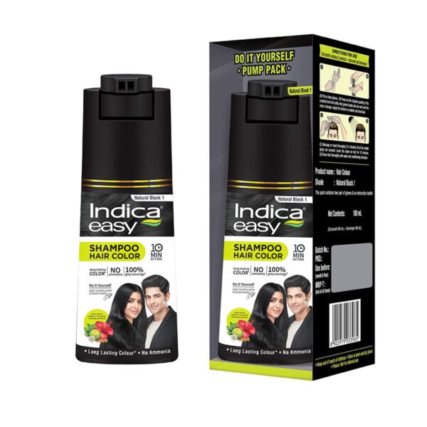 Indica Easy Do-It-Yourself Hair Color Shampoo Pump Pack with 5 Herbal Extracts and 100% Ammonia Free, Long Lasting Formula, 180 ML - Natural Black Colour (Gloves Included)