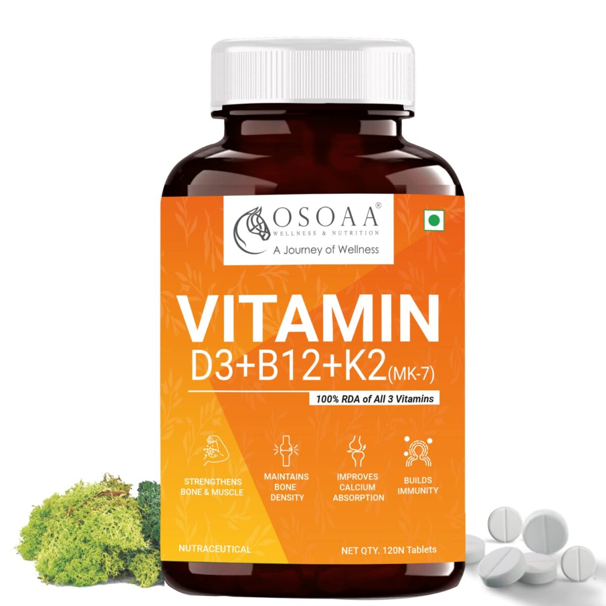 OSOAA Vitamin D3 K2 MK7 | Plant Based Veg Vitamin D3 Supplement Vitashine D3- Lichen Source High Absorption Plant Supplement for Bone, Joint Support & Immunity - 120 Veg Tablets - Image 1